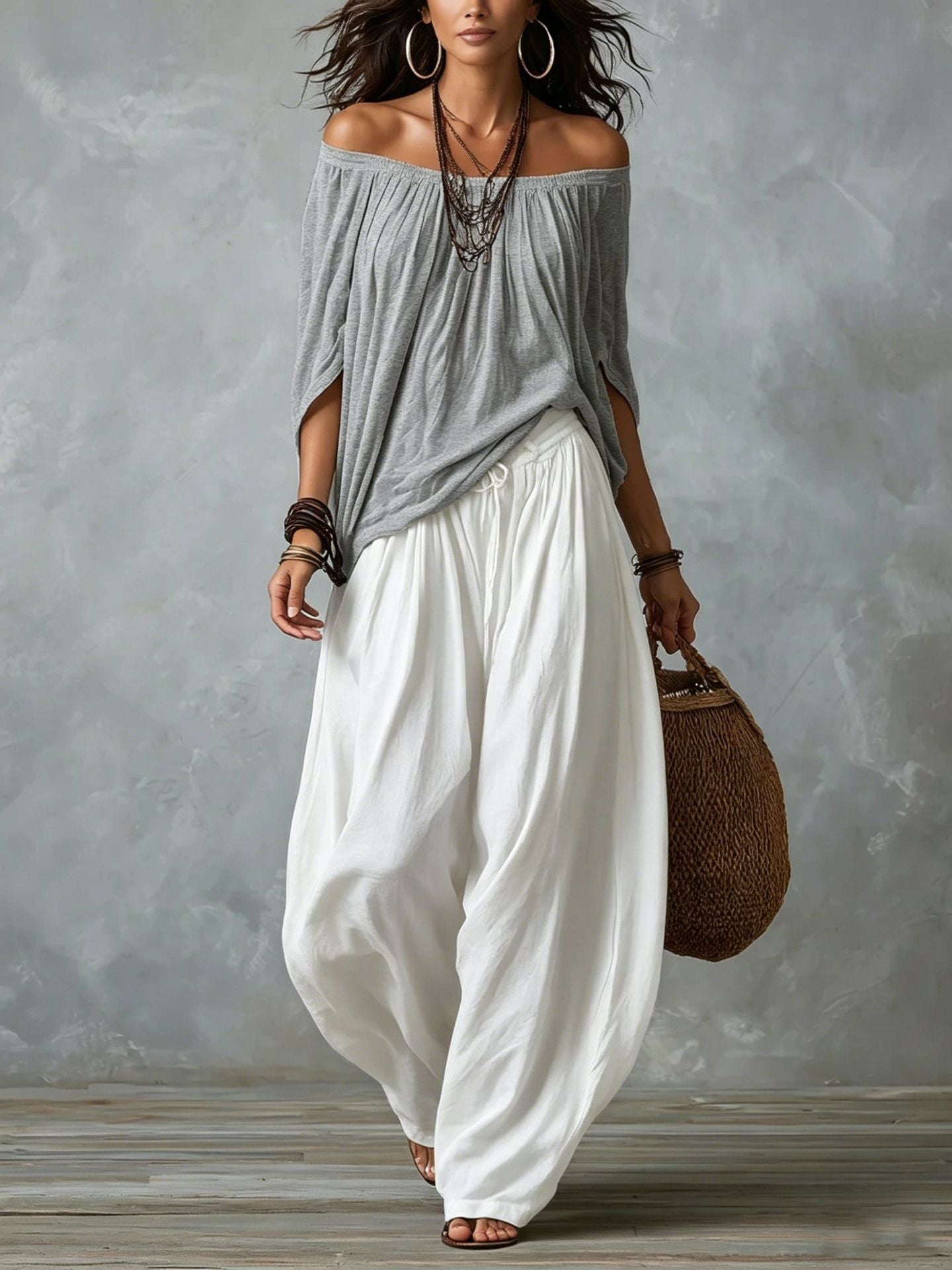 Fashion One-Shoulder T-Shirt with Wide-Leg Pants Set for Women, Elegant Two-Piece Long Sleeve Casual Outfit