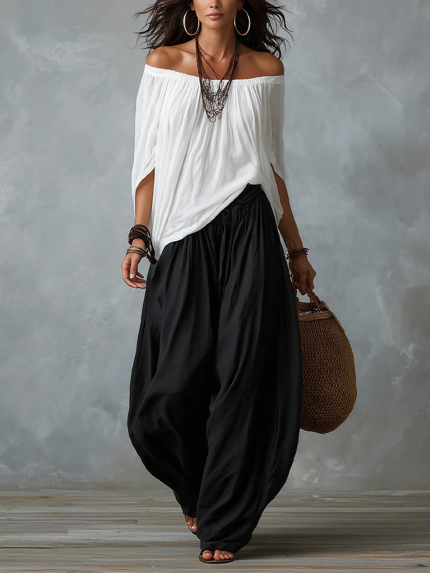 Fashion One-Shoulder T-Shirt with Wide-Leg Pants Set for Women, Elegant Two-Piece Long Sleeve Casual Outfit