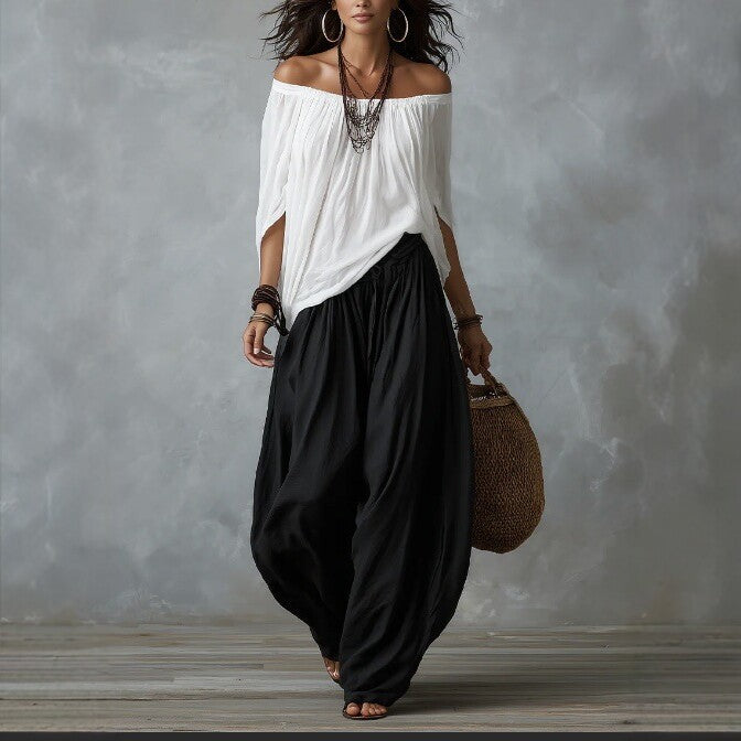 Fashion One-Shoulder T-Shirt with Wide-Leg Pants Set for Women, Elegant Two-Piece Long Sleeve Casual Outfit