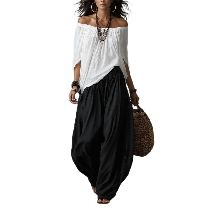 Fashion One-Shoulder T-Shirt with Wide-Leg Pants Set for Women, Elegant Two-Piece Long Sleeve Casual Outfit