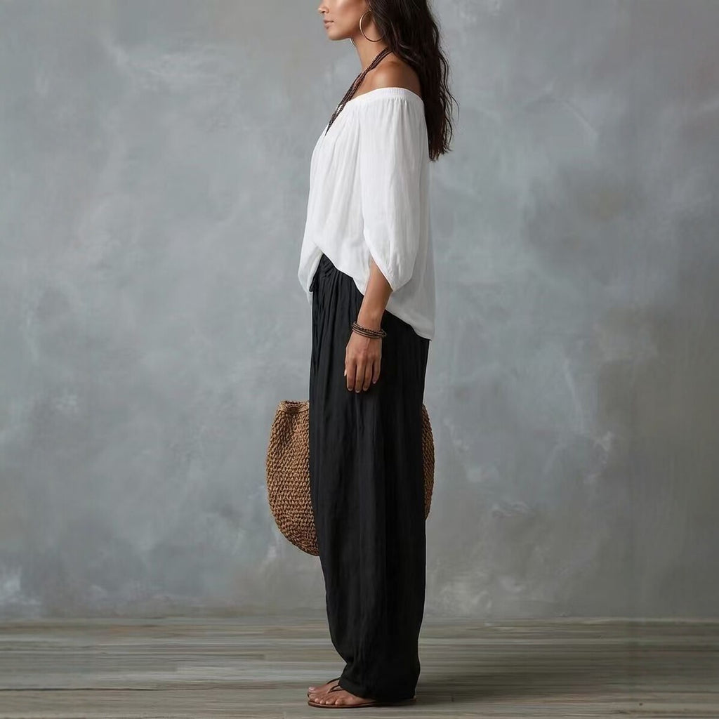 Fashion One-Shoulder T-Shirt with Wide-Leg Pants Set for Women, Elegant Two-Piece Long Sleeve Casual Outfit